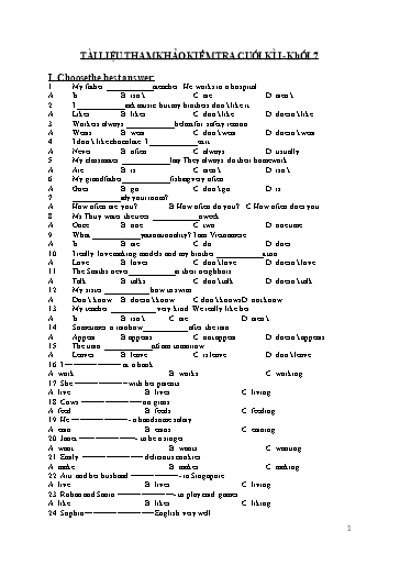 Tài liệu ôn tập kiểm tra cuối học kì I môn Tiếng Anh Lớp 7
