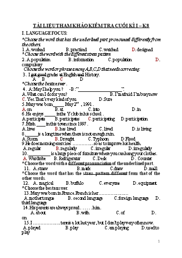 Tài liệu ôn tập kiểm tra cuối học kì I môn Tiếng Anh Lớp 8