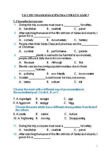 Tài liệu ôn tập kiểm tra cuối học kì II môn Tiếng Anh Lớp 7