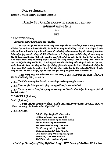 Tài liệu ôn tập kiểm tra học kì I môn Ngữ văn Lớp 12 - Năm học 2023-2024 - Trường THCS&THPT Trưng Vương
