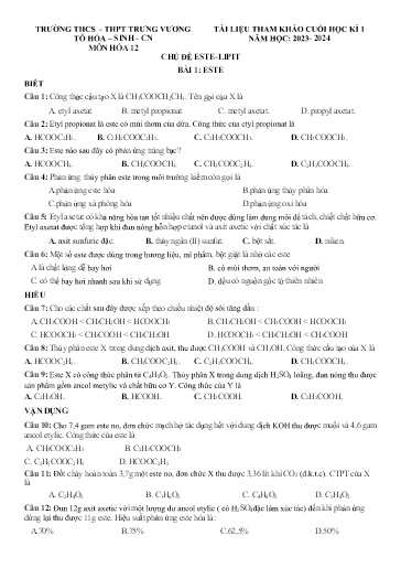 Tài liệu ôn thi cuối học kì I môn Hóa Lớp 12 - Năm học 2023-2024 - Trường THCS&THPT Trưng Vương (Có đáp án)