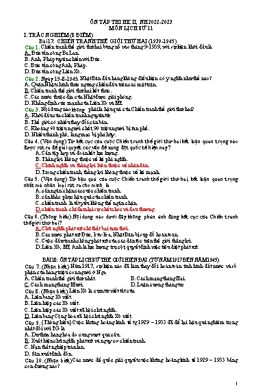Tài liệu ôn thi cuối học kì II môn Lịch sử Lớp 11 - Năm học 2022-2023 (Có đáp án)