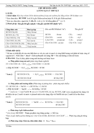 Tài liệu ôn thi Tốt nghiệp THPT môn Hóa học - Năm 2021-2022 - Chủ đề: ESTE-LIPIT - Trường THCS&THPT Trưng Vương