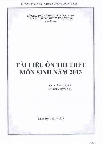 Tài liệu ôn thi Tốt nghiệp THPT môn Sinh học - Năm 2022-2023 - Lương Thị Lý