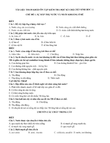 Tài liệu tham khảo ôn tập kiểm tra học kì I môn Sinh học Lớp 11 - Năm học 2022-2023