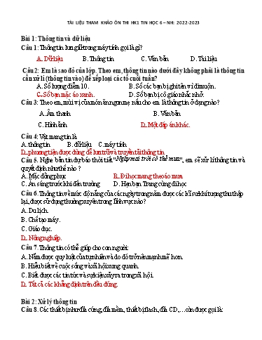 Tài liệu tham khảo ôn thi học kì I môn Tin học Lớp 6 - Năm học 2022-2023 (Có đáp án)