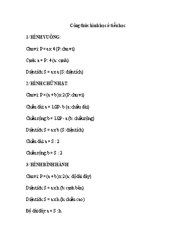 Tài liệu Tổng hợp công thức Hình học ở cấp bậc Tiểu học