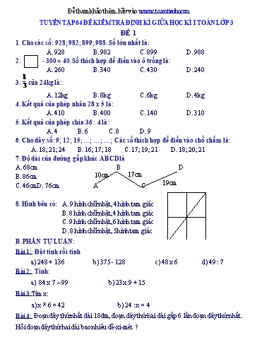 Tổng hợp 64 đề kiểm tra giữa học kì I môn Toán Lớp 3