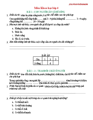 Tổng hợp câu hỏi trắc nghiệm môn Khoa học Lớp 4 (Có đáp án)