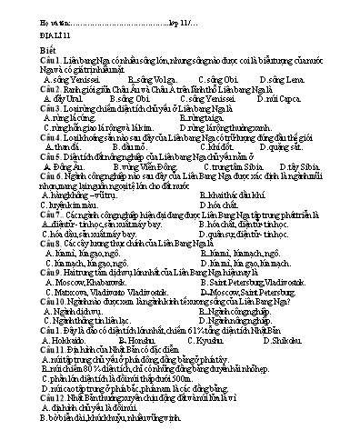 Tổng hợp câu hỏi trắc nghiệm ôn tập môn Địa lí Lớp 11 (Có đáp án)