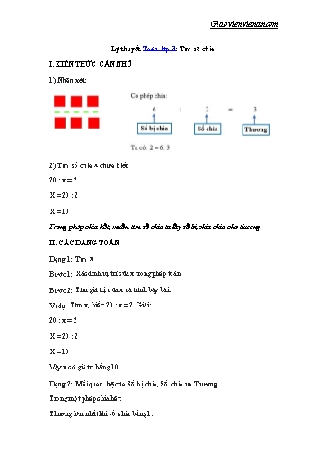 Tổng hợp lý thuyết kèm bài tập môn Toán Lớp 3 - Chủ đề: Tìm số chia (Có đáp án)